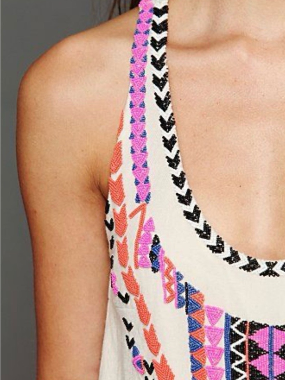 😍 Mara Hoffman Embroirdered Cream Camisole Top with Pink, Coral, Blk Bead Accent